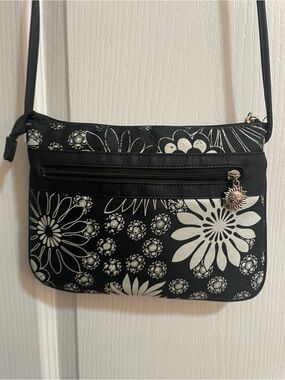 Sunny Black Floral Crossbody Bag with Sun Charm from Hawaii, 7” X 9”